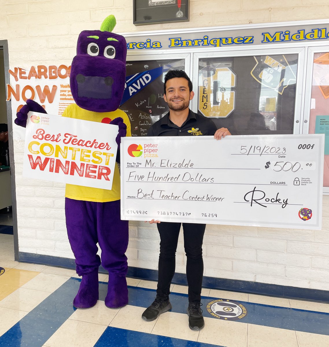 Congratulations to our Best Teacher Contest Winner, Mr. Kevin Elizalde, Music teacher at Garcia-Enriquez Middle School! 🏆His students say:

🎵 'He makes us excited about music. He helps us feel confident & motivated😊

Peter Piper Pizza is proud to recognize you!🍕

#GEMSpride