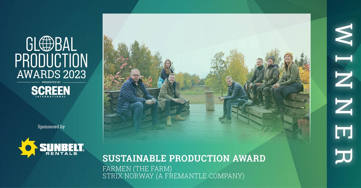 Screendaily's tweet photo. Global Production Awards - Our final award of the night is for the Sustainable Production Award, sponsored by @sunbeltrentaluk, and the winner is: Farmen (The Farm) - Strix Norway (A Fremantle Company) #ScreenGPA23 https://t.co/HTowjKdk4m