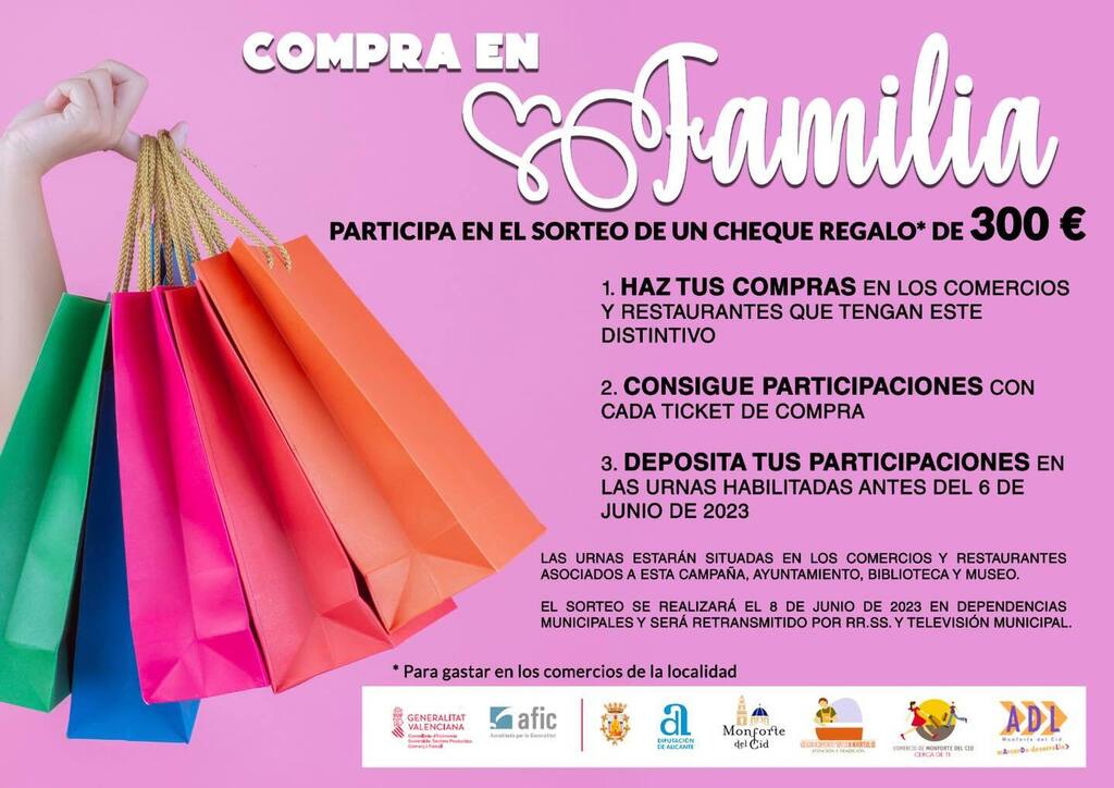 📣 CAMPAÑA DE COMERCIO 
Compra en Familia 🛍

Busca este cartel en los comercios y restaurantes de Monforte del Cid. 
Al comprar pregunta por el SORTEO  de la Campaña “Compra en Familia” y participa para poder ganar un cheque regalo de 300 euros a canj… instagr.am/p/Csjm5_5hV0o/