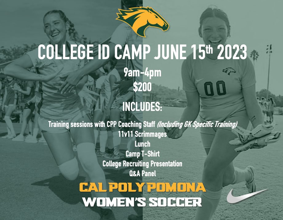 Don’t miss out on our June 15th College ID Camp & your chance to work with the CPP Coaching Staff 🐴

#CollegeSoccer #SoccerCamp #IDCamp #SoccerIDCamp #CollegeSoccerCamp #Soccer #Broncos #CPP #StudentAthlete