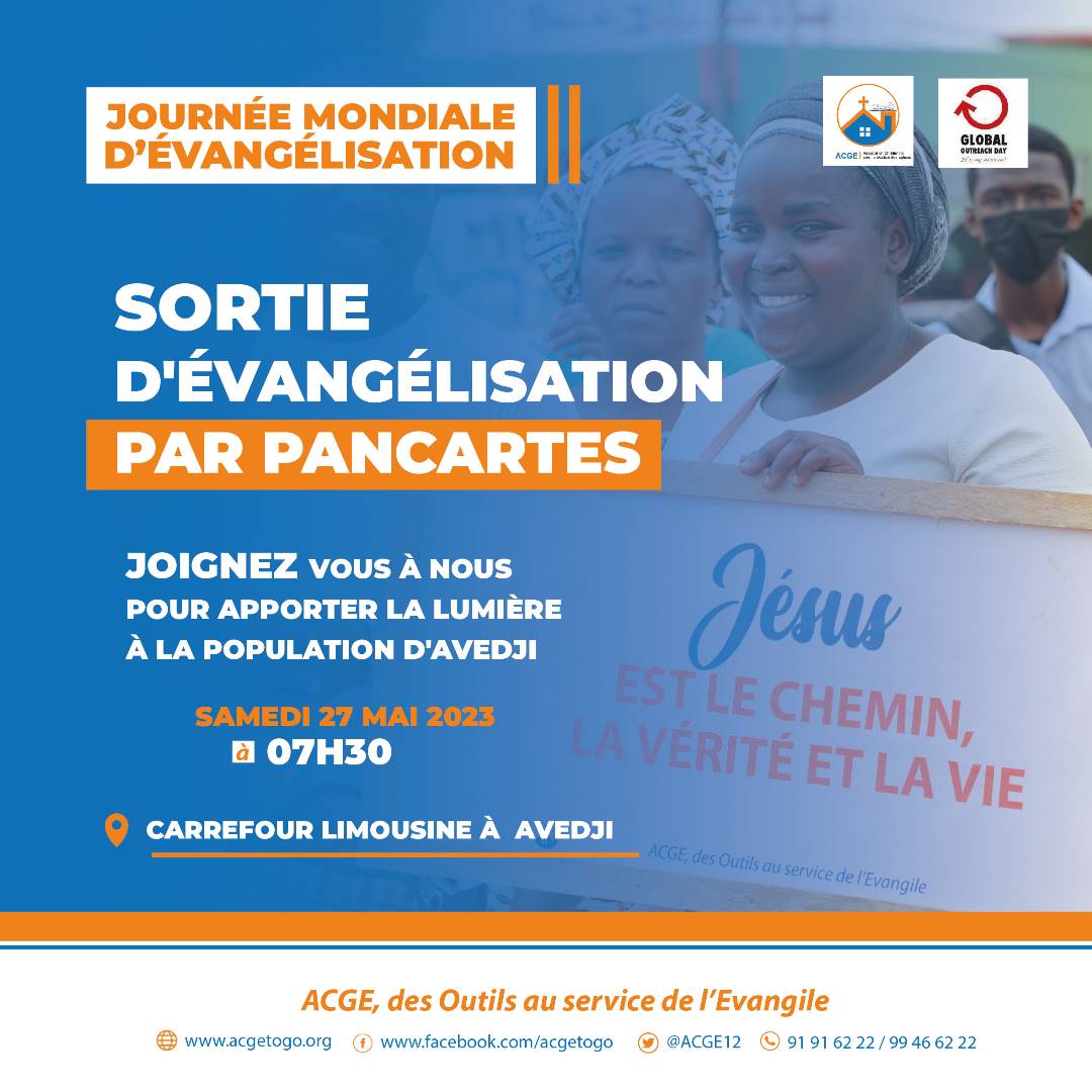 ACGE12's tweet photo. Rendez-vous ce samedi 27 mai à Lomé pour la Journée mondiale d'évangélisation
#TgTwittos https://t.co/41KQdMkSLB
