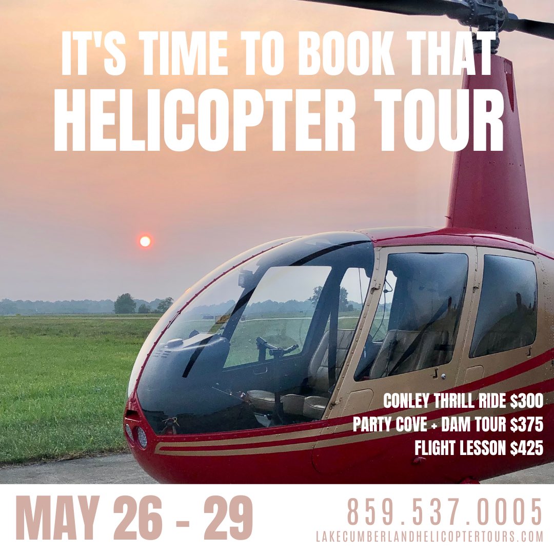 ✨HELICOPTER TOURS✨

This weekend celebrate the official start to lake season with a helicopter tour! Book your tour now by texting 859.537.0005. 

#LakeCumberlandHelicopterTours #LakeCumberland #HelicopterTours #TravelKY