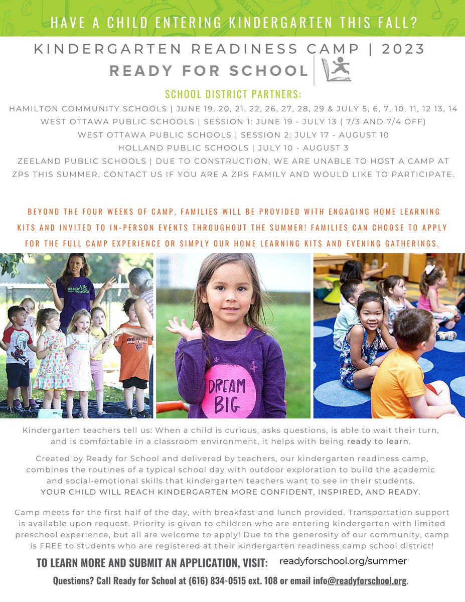 Kindergarten Readiness Camp - Sign up today!

Kindergarten Readiness Camp is a Ready for School program in partnership with West Ottawa Public Schools and FREE to kids who are registered for Kindergarten at West Ottawa for the 2023-24 school year!

#GoWO 
#WeareOne