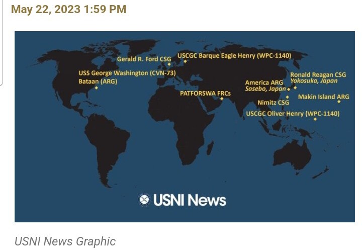 Oceanworldfree's tweet photo. After a stop in #Sasebo for #G7広島 security, Nimitz 11th CSG now moving to #Okinawa
Two US Coast Guard ships leaving #Guam to avoid Typhoon MAWAR
Makin Island Amphibious ARG &13th MEU in #MPacific, near #2ndIslandChain
CVN-76 SCG is in #Yokosuka, &
The America ARG in #Sasebo https://t.co/i4wKtt3vlA