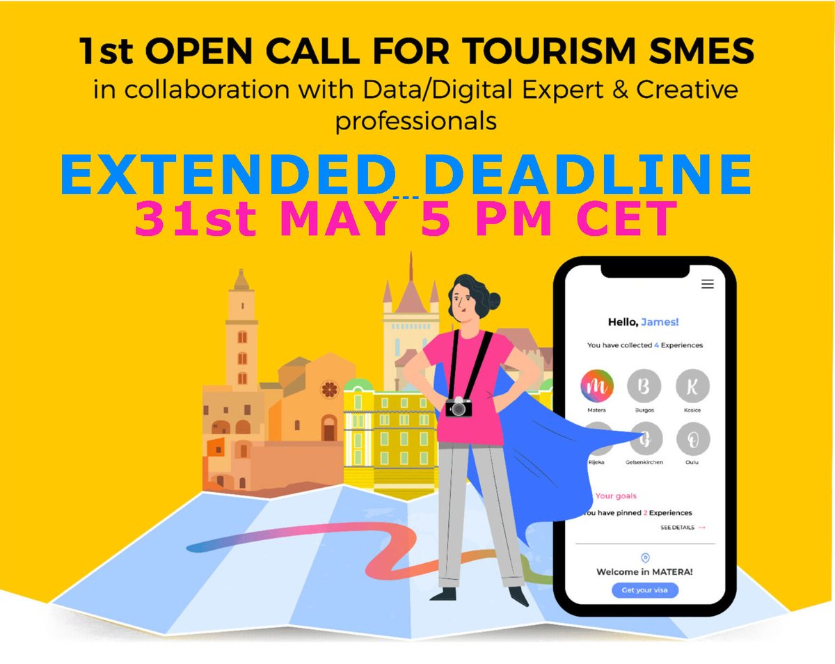 ⚡#CulTourData, CALL EXTENDED!
Due to growing interest, Tourism SMEs can submit their  applications 'till Wednesday, May 31st, at 5 p.m. CET. 💶€ 7000💶funding!
Submission details and call page
deuscci.eu/first-open-cal…
#Italy #Spain #Slovakia #Portugal #Germany #netherlands
