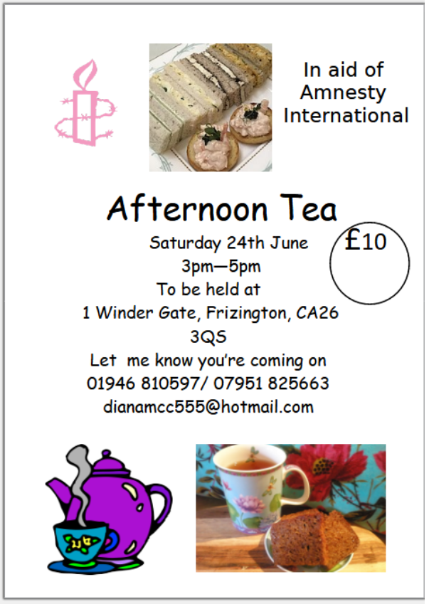 One of Copeland Labour's greatly valued, active members, Alan Alexander, is hosting this tea party on Sat 24th June for Amnesty International. Do come and help contribute to the cause!