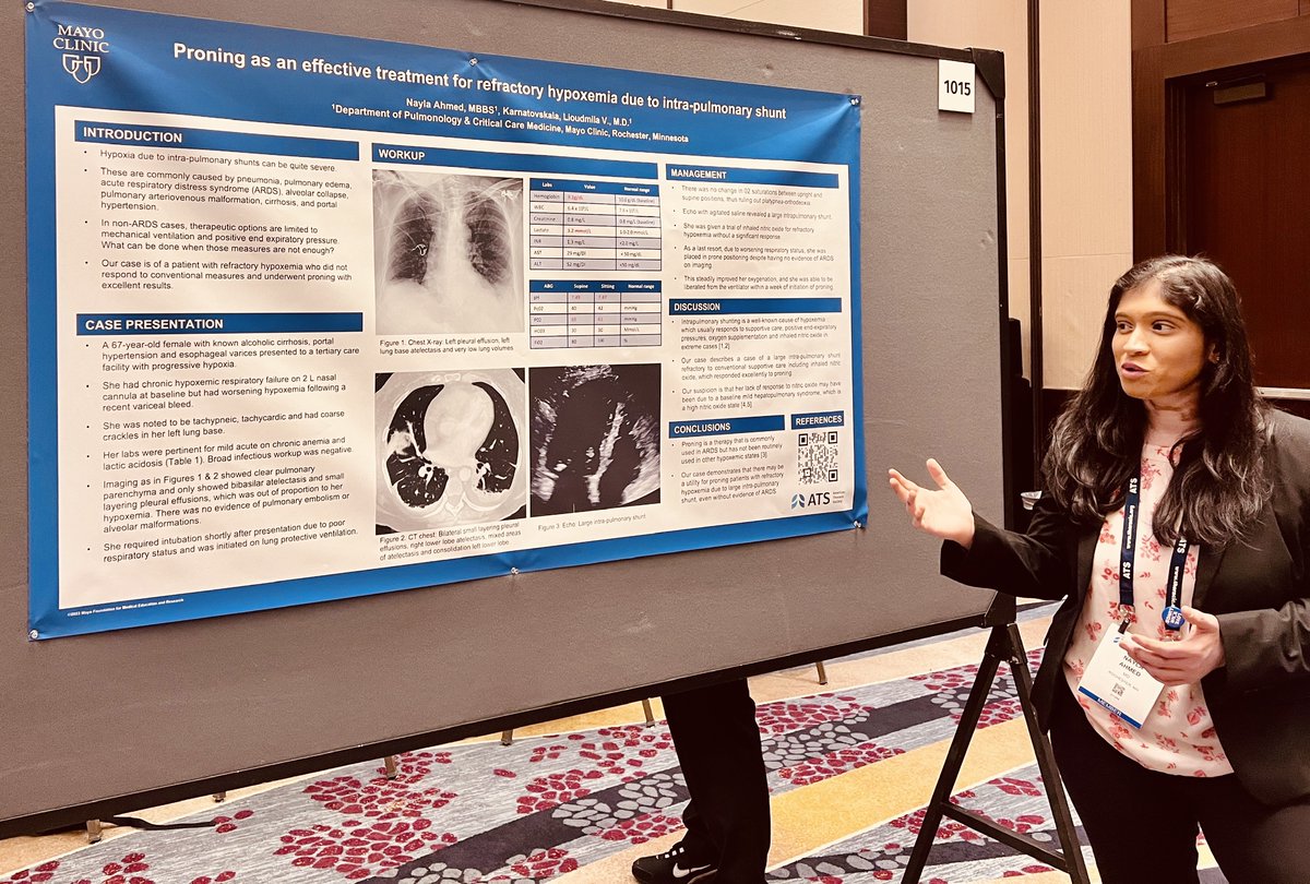 MayoPCCM's tweet photo. @MayoPCCM fellow @NaylaAhmedMD presenting her poster on a case of a large pulmonary shunt that responded to #proneposition @atsearlycareer @ATSCritCare #ats2023 https://t.co/sYSiRZSIAZ