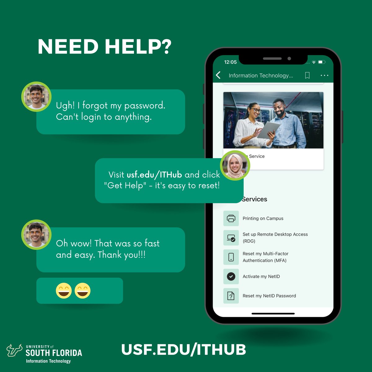 USF_IT's tweet photo. Get help fast with IT's self-help service tool! There are quick services like resetting your password and activating your NetID. You don't need to wait or chat with anyone - help is at your fingertips! Visit https://t.co/Uz8tDsgjJo. https://t.co/afaPmINF4R