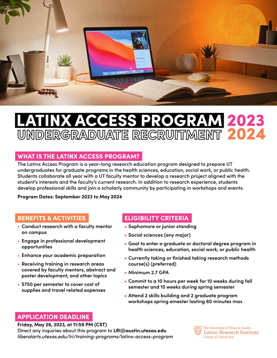 Interested in gaining research experience + mentorship? The Latinx Access Program is now accepting applications for their 23-24 cohort!

Deadline: Friday, May 26! 

See full details below, apply here: liberalarts.utexas.edu/lri/training-p…