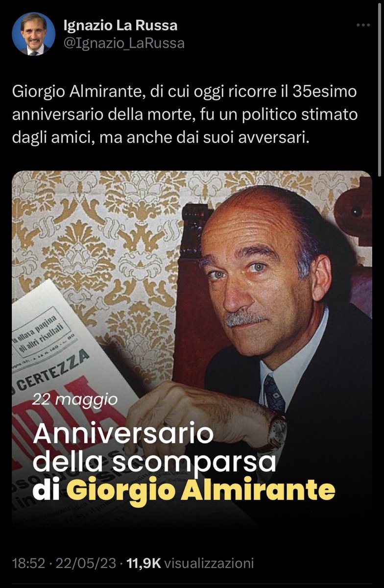 Il 22 maggio è l’anniversario della nascita di Matteotti e della morte di almirante, il primo un italiano coraggioso assassinato dai fascisti perché si opponeva ai loro crimini, il secondo un fascista.
La seconda carica dello Stato in Italia, oggi, ricorda quello a lui caro.