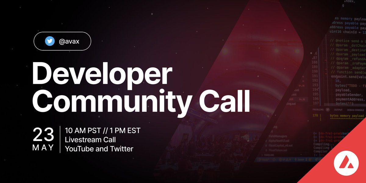 On this week's Developer Community Call, the Ava Labs platform team dives into the new X-Chain Explorer, the release of AvalancheGO 1.10.1, and a recap of the top stories from #AvalancheSummit. 

Tune in live tomorrow at 1p ET, right here on TW or YT:
youtube.com/live/HD3vdZzra…