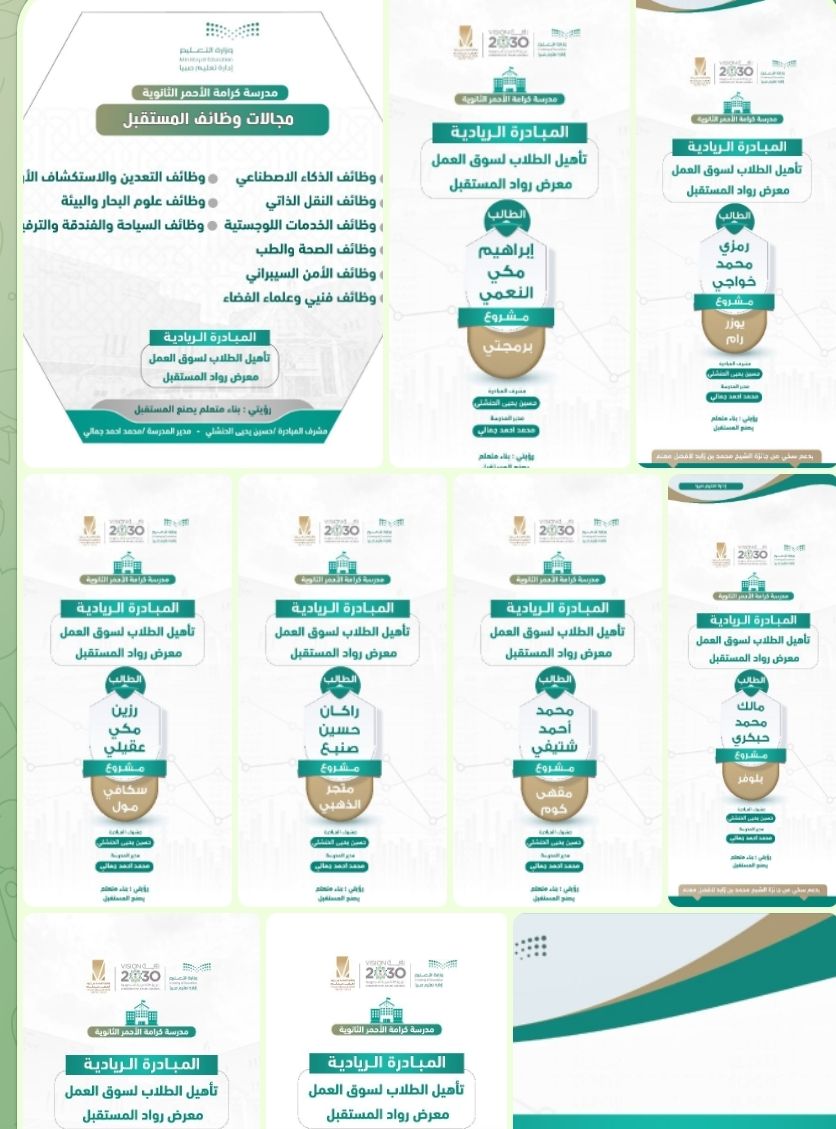 مشاريع الطلاب في معرض رواد المستقبل بثانوية كرامة الأحمر بتعليم صبيا ضمن المبادرة الريادية تأهيل الطلاب لسوق العمل