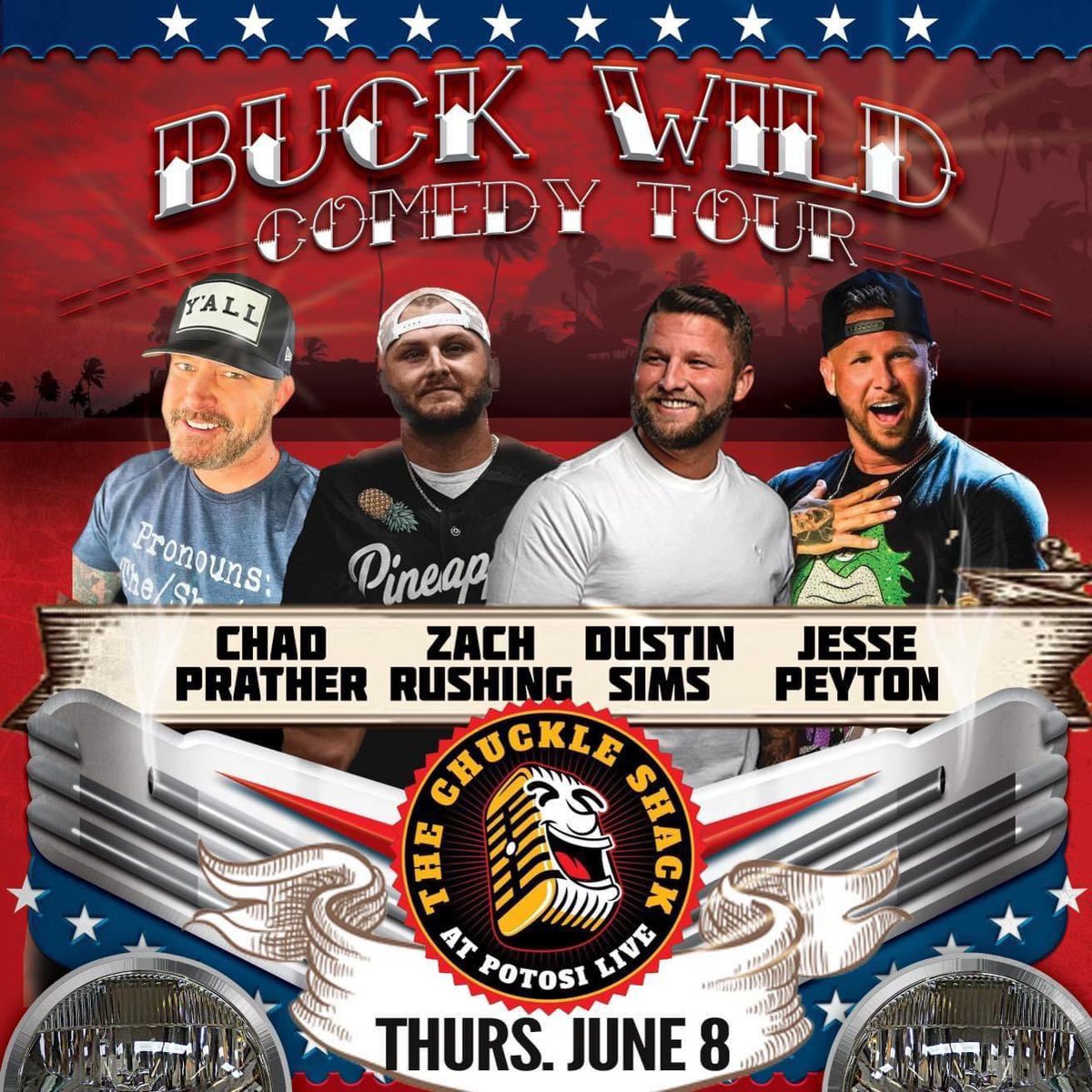 ‼ONLY 40 TICKETS LEFT FOR THE BUCK WILD COMEDY TOUR‼ 

Thursday, June 8
featuring:
<a href="/WatchChad/">Chad Prather</a>
Zach Rushing
ADustin Sims
Jesse Peyton Comedy
Doors Open at 7:00 PM
Ages 18+
Indoors / Seated

Click the link for tickets: stubwire.com/event/chuckles…