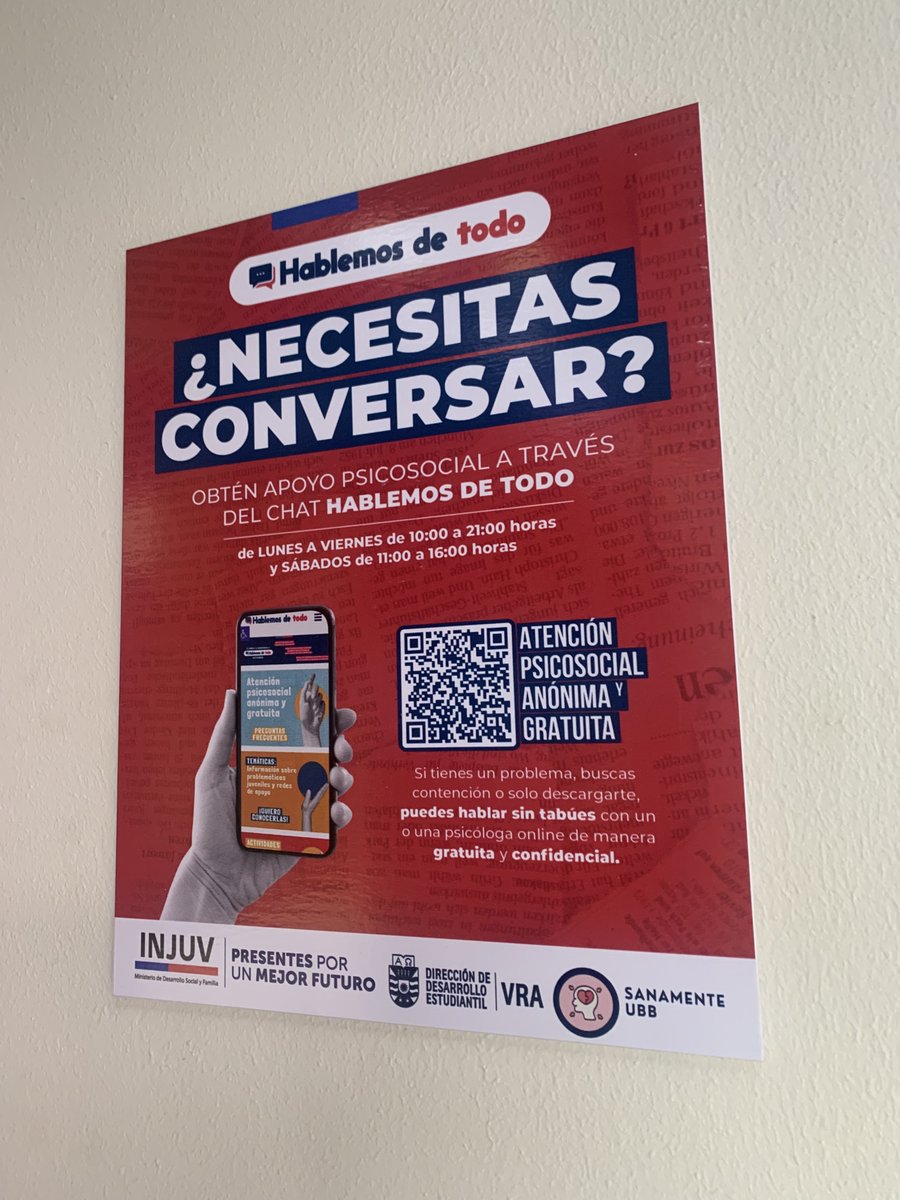 Encuentra en distintos espacios UBB esta gráfica que, escaneando el código QR con tu celular, te permitirá acceder a apoyo psicosocial gratuito y confidencial, a través del chat #HablemosDeTodo, una alianza <a href="/InjuvBio_Bio/">Injuv Biobío</a> y <a href="/ubbchile/">U. del Bío-Bío</a>