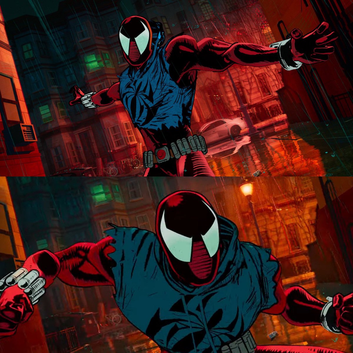 Love how this shot of Ben Reilly turned out; night time, back lit with rain fx pouring down, so dramatic! Lit by Fernanda Ortiz Rojo, animated by Kristin Mueller with next level lookdev by Craig Feifarek and James Carson #SpiderManAcrossTheSpiderVerse #spiderverse #SpiderMan