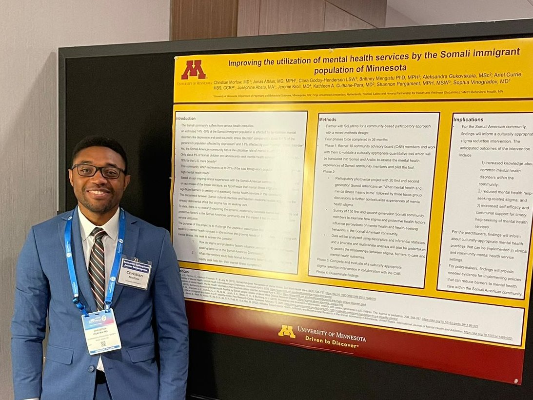 Impressive work by UMN Psychiatry Residents, Drs. Jonas Attilus (<a href="/jonasattilus/">Jonas Attilus, MD MPH</a>) &amp; Christian Morfaw at the <a href="/APApsychiatric/">American Psychiatric Association</a> #APAAM23 Research Colloquium. #UMNProud #PsychTwitter #MedTwitter #UMNGME