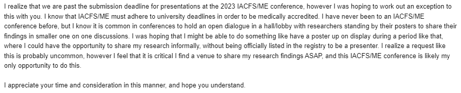 scott_scientist's tweet photo. (1) After 4.5 years of pursuing independent research-level testing that successfully yielded critical results, #IACFSME has declined to let me participate in the 2023 conference. They are unwilling to bend to let someone with CFS have a voice and share critical research evidence https://t.co/1N2jMQk2bB