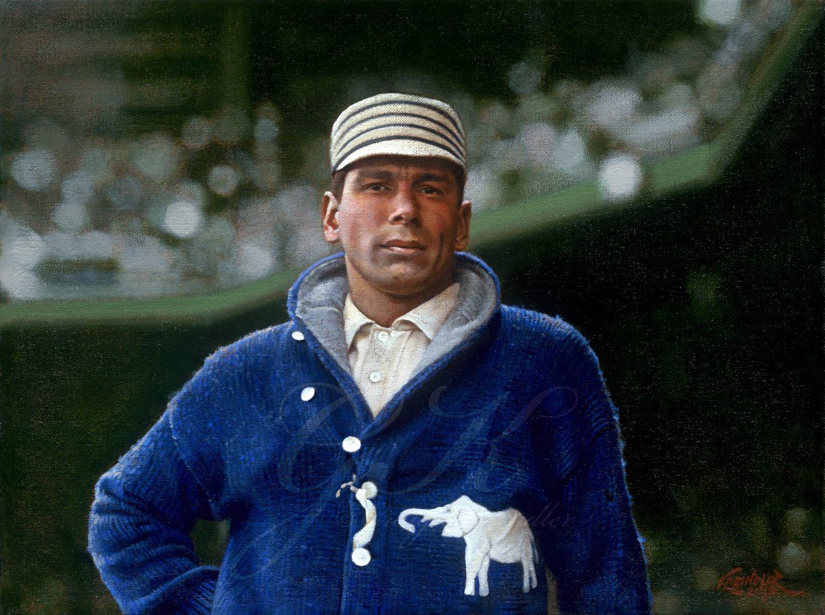 GraigKreindler's tweet photo. #OTD in 1954, Charles Albert Bender passed away at the age of 70. Known for the ice running through his veins in high-pressure situations, he also happened to be a successful landscape painter. Here's my painting of him from October 24, 1911, before Game 4 of the World Series. https://t.co/3yChMi0dBk