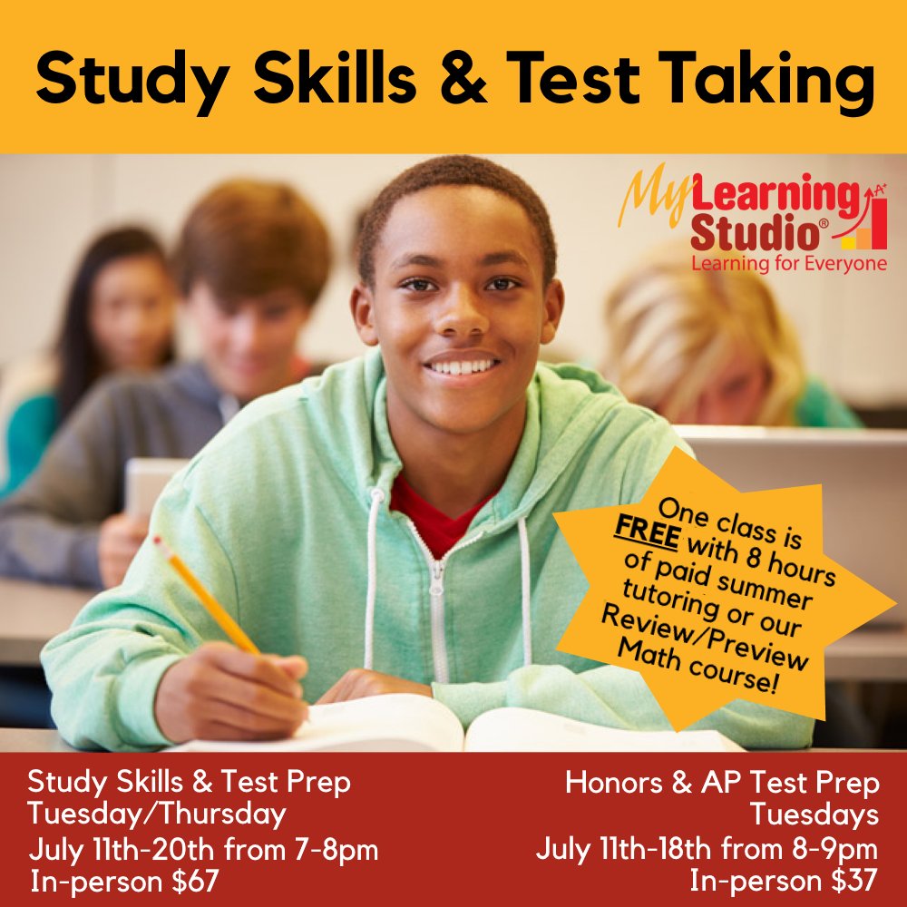 My_Learn_Studio's tweet image. ✏️STUDY SKILLS &amp;amp; TEST TAKING helps students prepare for exams, execute proper note-taking, manage time effectively, and create productive study habits. 

Contact My Learning Studio at 951-789-5402
MyLearningStudio.com

#MyLearningStudio #summertutoring #studyskills #testtaking