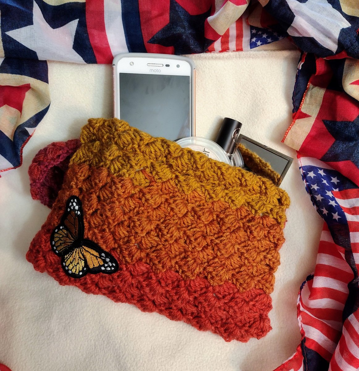 Excited to share the latest addition to my #etsy shop: Make Up Bag/ Clutch etsy.me/3BOUQzm #orange #yellow #makeupbag #clutch #crochetbag #butterfly #warmtones #patrioticbaby