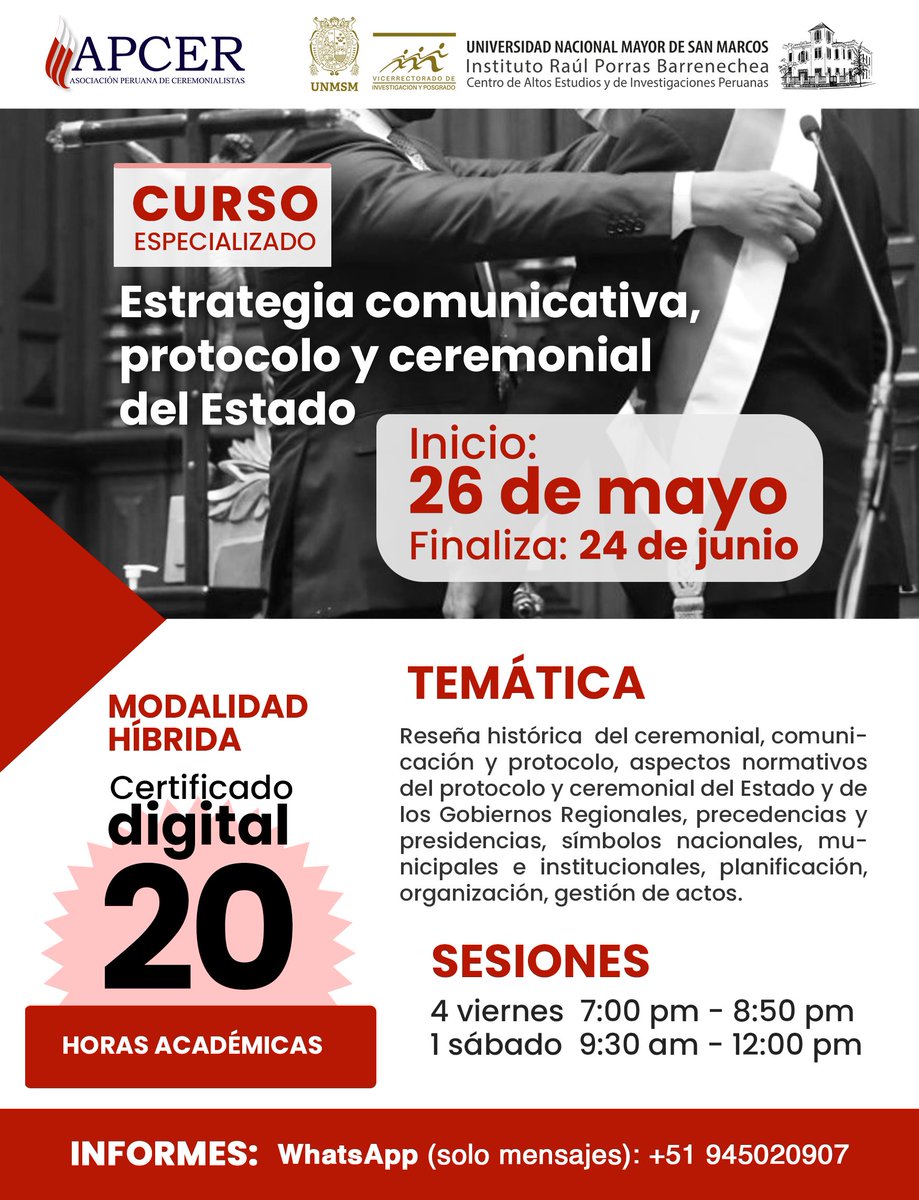 apcerprotocolo's tweet photo. 📣¡ÚLTIMA SEMANA DE INSCRIPNIÓN!
Modalidad: Híbrido
👉Inscripciones: https://t.co/YXF3WcgsDX
#Apcer #CursoEspecializado #Curso #ceremonialyprotocolo #Protocolo #Cursoprotocolo #EstrategiaComunicativa #CursoComunicación #Relacionespúblicas #ceremonial #Perú #asociaciónperuana https://t.co/NWKN2ok75o