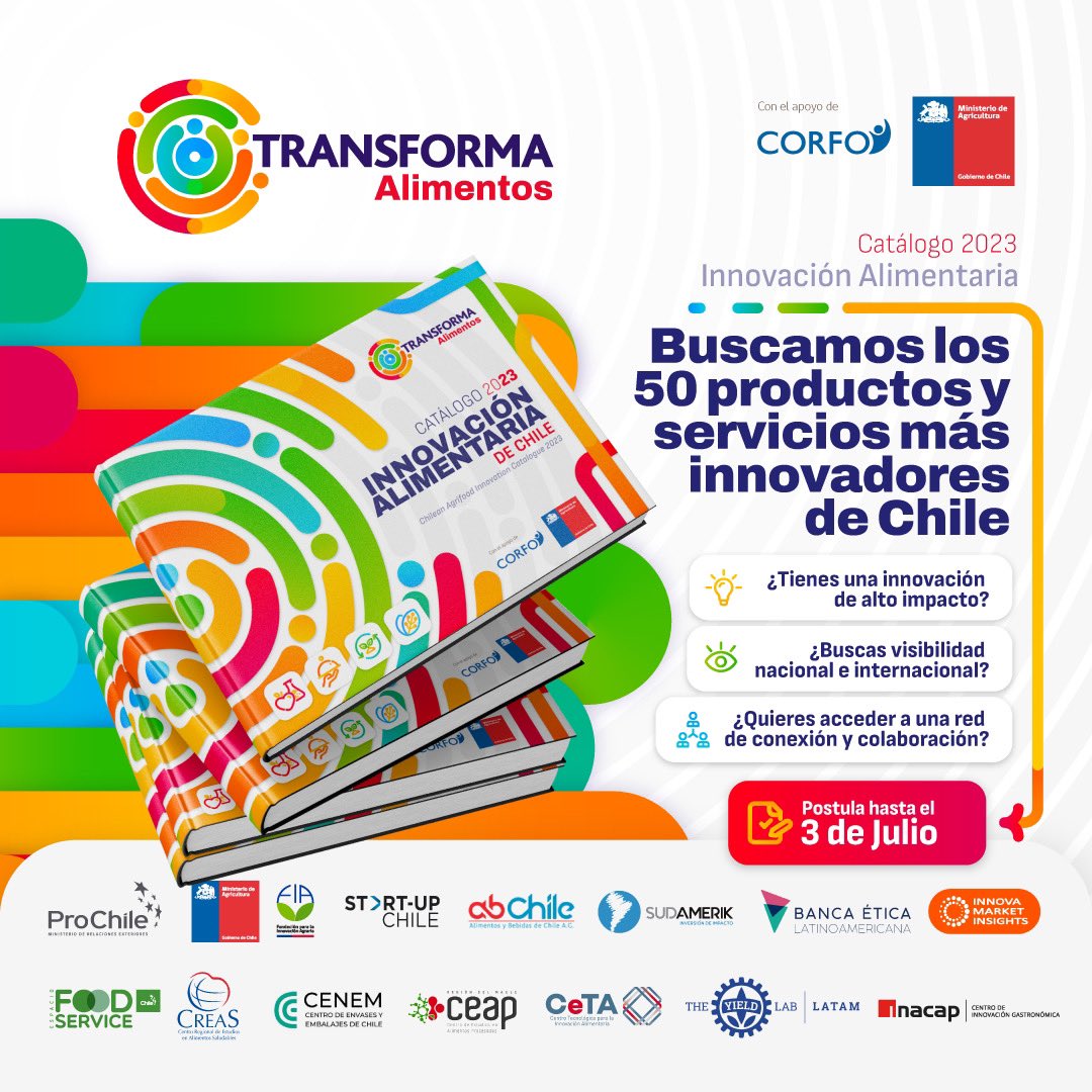 #POSTULA! al Catálogo de Innovación Alimentaria de Chile 2023. ¿Buscas visibilidad con clientes, socios o inversionistas a escala nacional e internacional? Abrimos nuestra 4ta convocatoria 👀Infórmate y postula👉 transformaalimentos.cl/catalogo-ta-20…
Tienes plazo hasta el lunes 03 de julio.