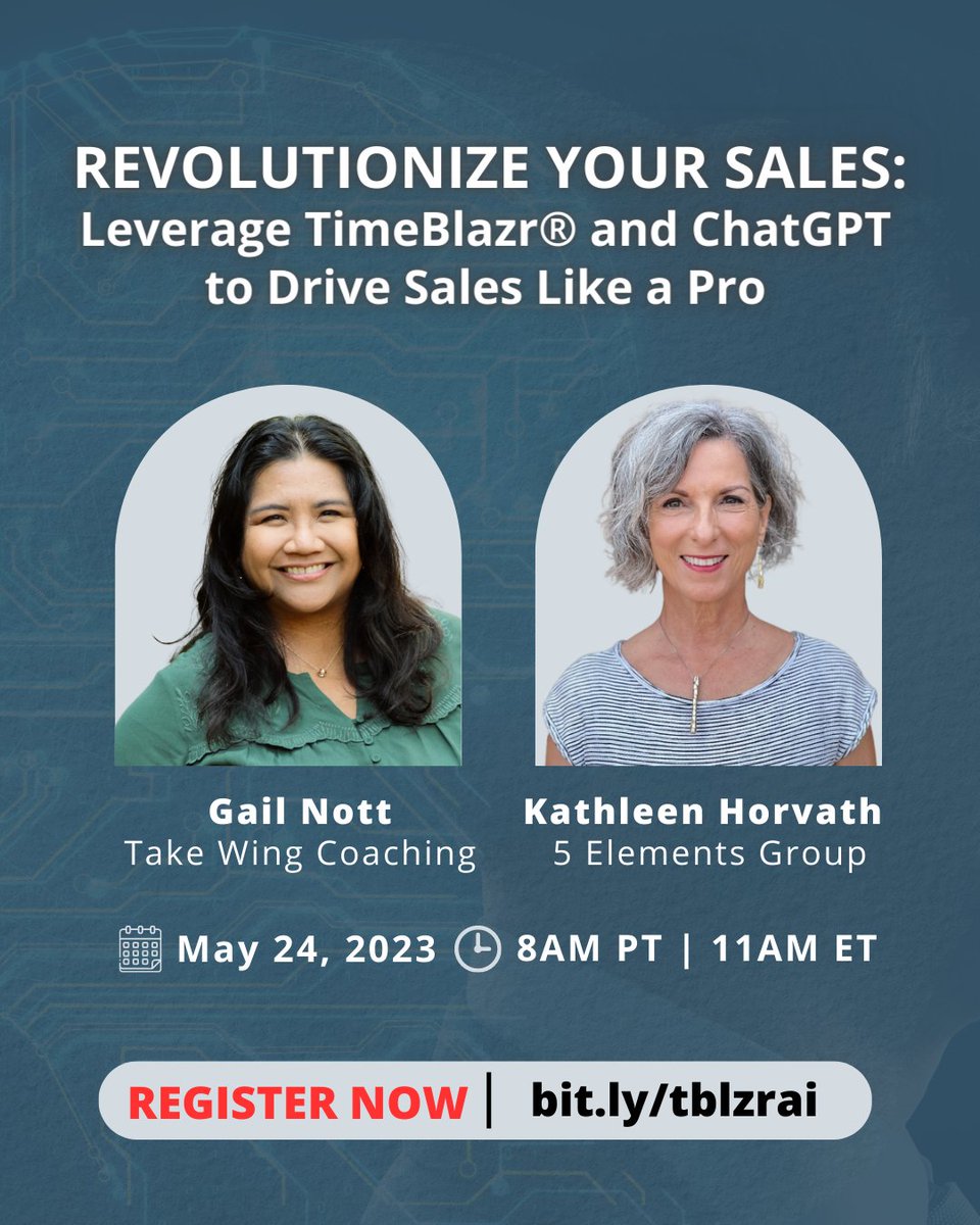 Are you a time-crunched solopreneur looking to skyrocket your sales &amp; increase revenue? We have an exclusive opportunity for you! Join our free webinar, "From Time-Crunched to Revenue-Boosting: How ChatGPT &amp; TimeBlazr® Transform Your Sales" 

Join us bit.ly/tblzrai