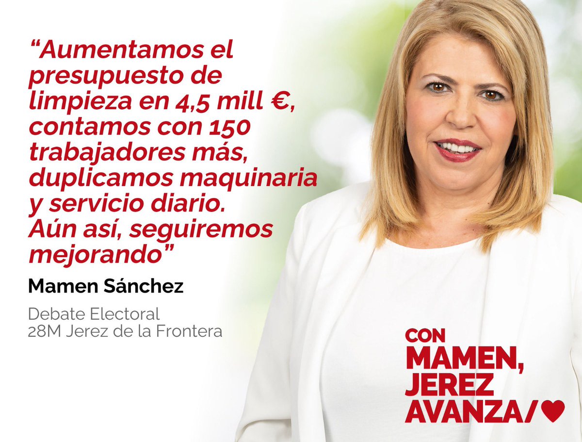 _MamenSanchez's tweet photo. Aumentamos el presupuesto de
limpieza en 4,5 mill €, contamos con 150 trabajadores más, duplicamos maquinaria y servicio diario.
Aún asi, seguiremos mejorando.

#VotaPSOE
#MamenAlcaldesa
#ConMamenJerezAvanza https://t.co/XHE46q9lXl