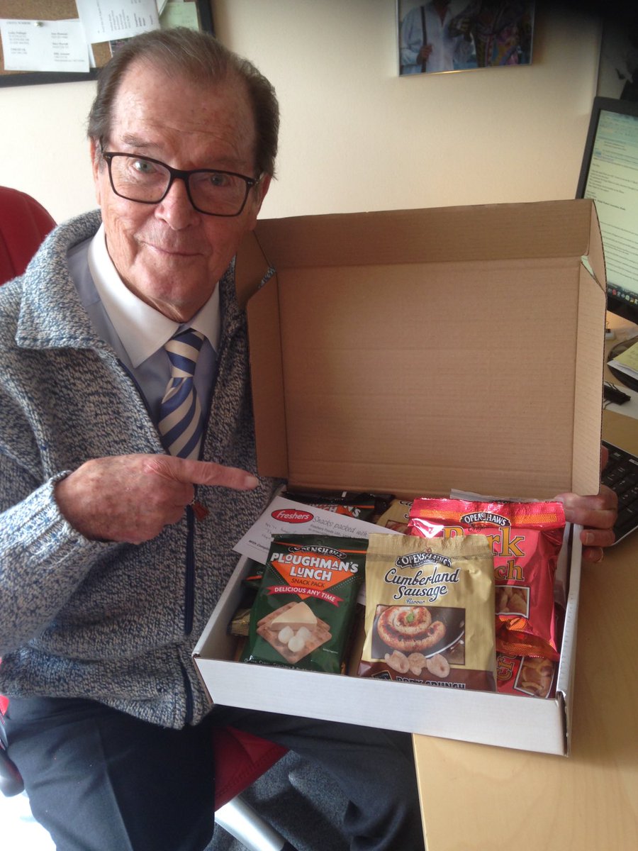 On May 23rd six years ago we lost Roger. Here he is at his ⁦@PinewoodStudios⁩ office looking very pleased with a delivery of snacks in readiness for touring uk theatres. 😇