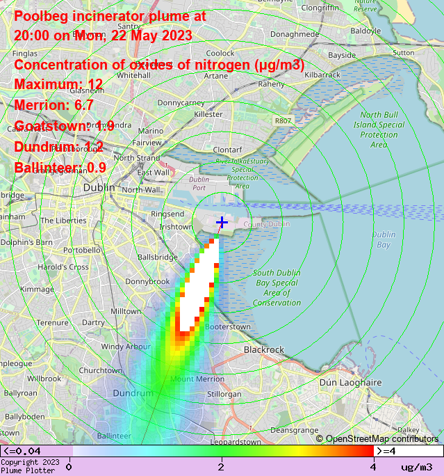 plumeplotter's tweet photo. Latest Poolbeg incinerator plume plot, 20:00 22/05/23 #Merrion #Goatstown #Dundrum https://t.co/poGzwjcygJ https://t.co/cCcbs8P5Jt