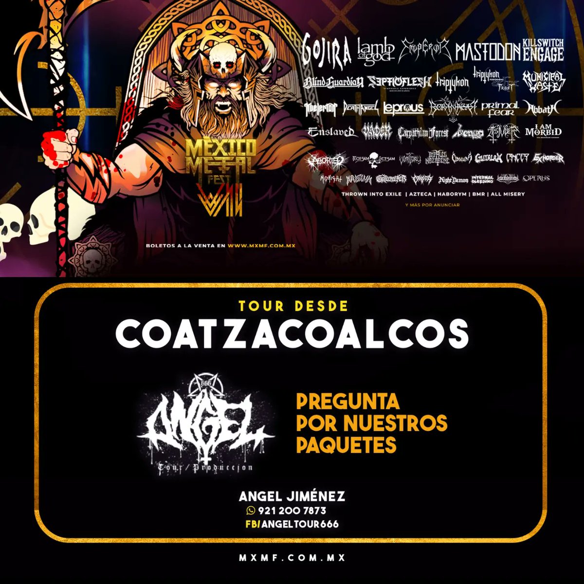 ProduccionTour's tweet photo. El Festival Metalero más importante de América Latina @mexicometalfest 
Tour Oficial desde Veracruz 🔥
Información al WhatsApp 921 200 7873 
Nos vemos en el fin de semana más Metalero de México 🤘💀 https://t.co/EXuelvZgUH