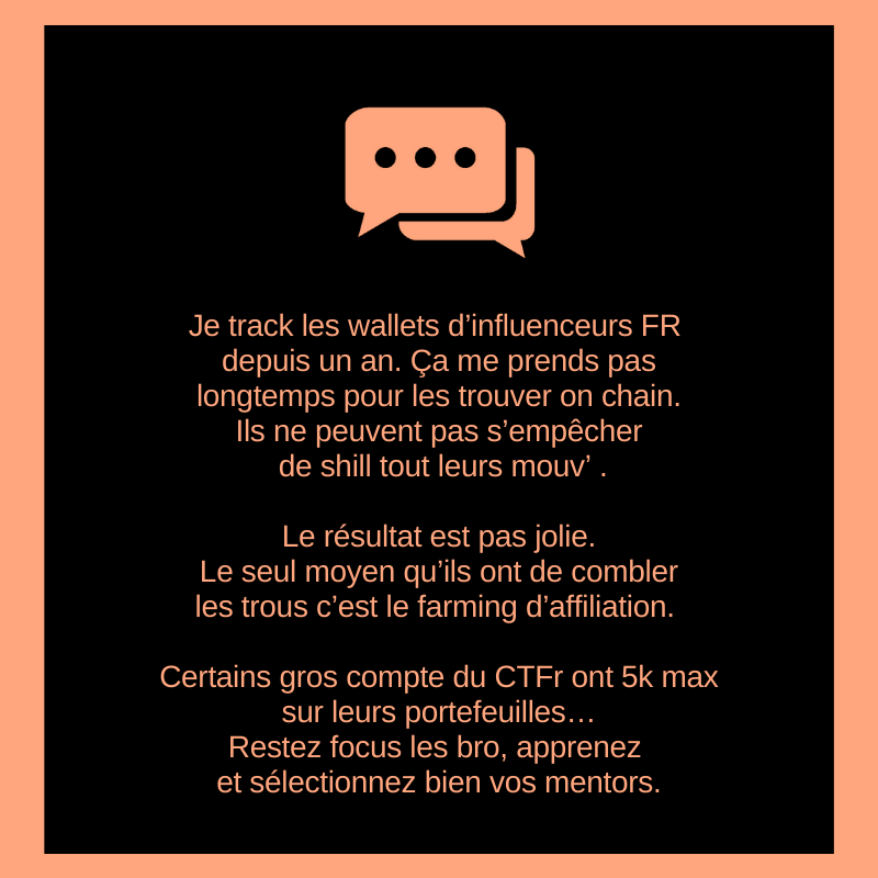 Je track les wallets d’influenceurs FR depuis un an. Ça me prends pas longtemps pour les trouver on chain. Ils ne peuvent pas s’empêcher de shill tout leurs mouv’ .

Le résultat est pas jolie.