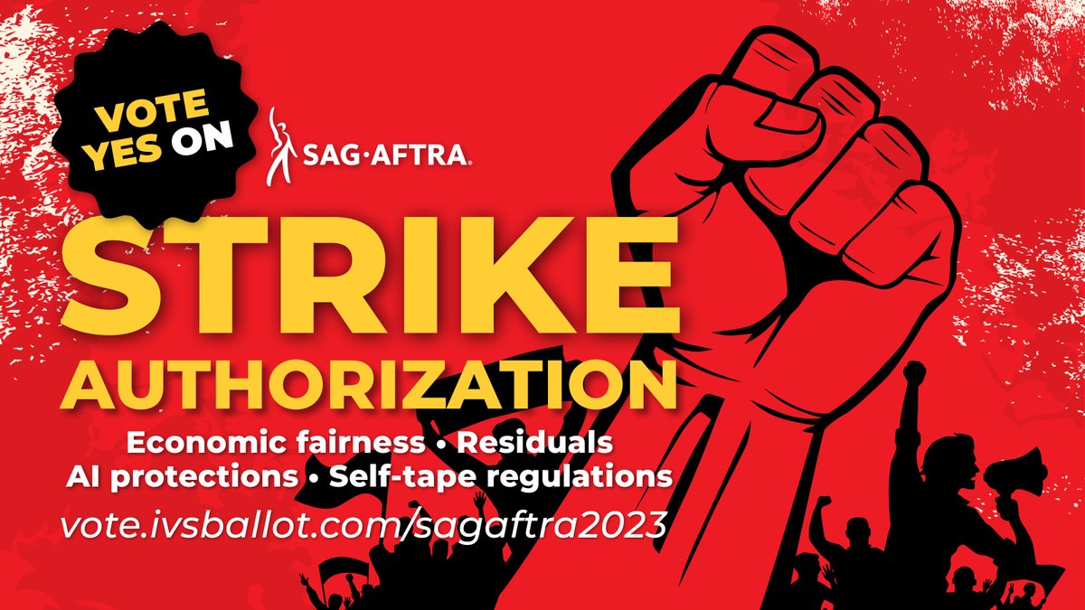 Just SOME of the major issues on the table in our upcoming negotiations: ⚠️Economic fairness ⚠️Residuals ⚠️AI protections ⚠️Self-tape regulations Eligible #sagaftramembers, NOW is the time. Vote YES for strike authorization. #SAGAFTRAstrong Learn more: sagaftra.org/contracts2023
