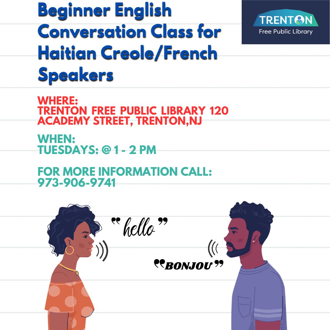 TrentonPubLib's tweet photo. Experience the musicality and flavor of the French Caribbean with fun and exciting Creole lessons!
#Trenton #Creole #FrenchCaribbean #LearnLanguage #FrenchCreole #LearningEvents #Library #TrentonFreePublicLibrary
#TFPL https://t.co/qT1n3G20yl