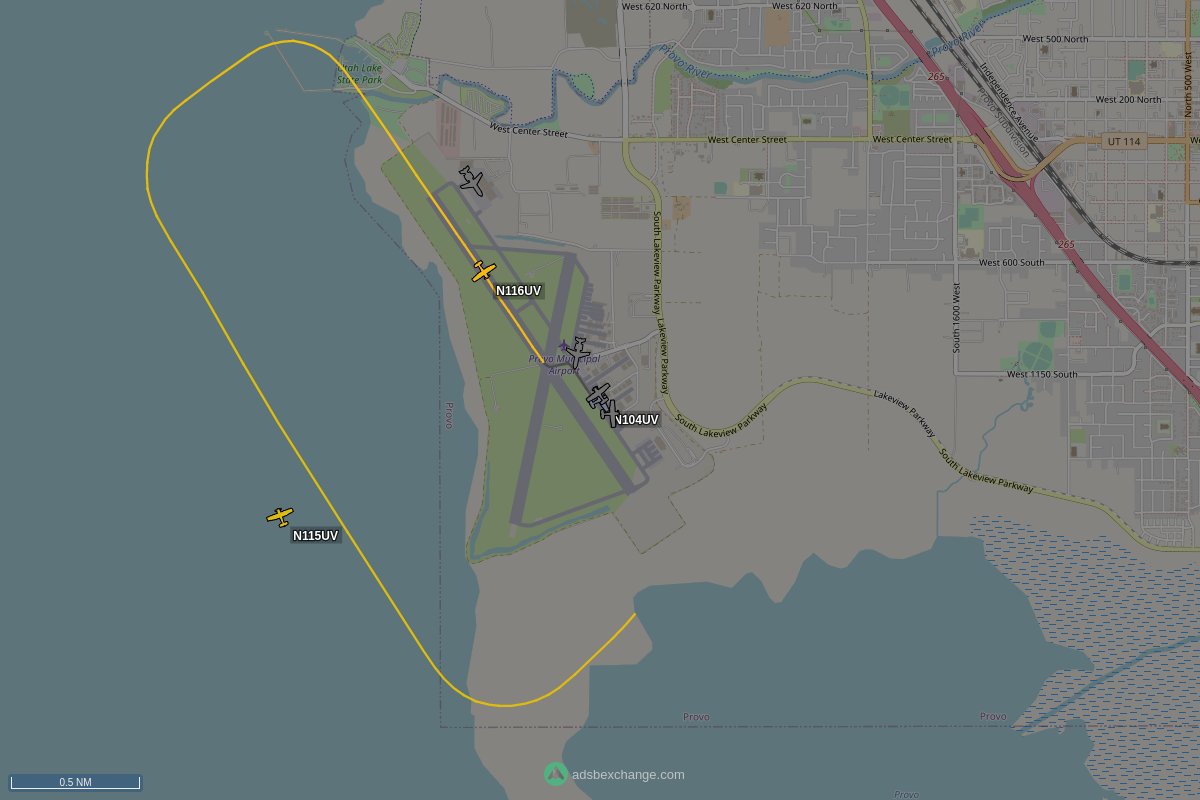 N104UV, a DA 40, is circling over Utah County at 4450 feet, speed 11 MPH, squawking 1200, 0.72 miles from Provo Airport #N104UV globe.adsbexchange.com/?icao=A01566&z…