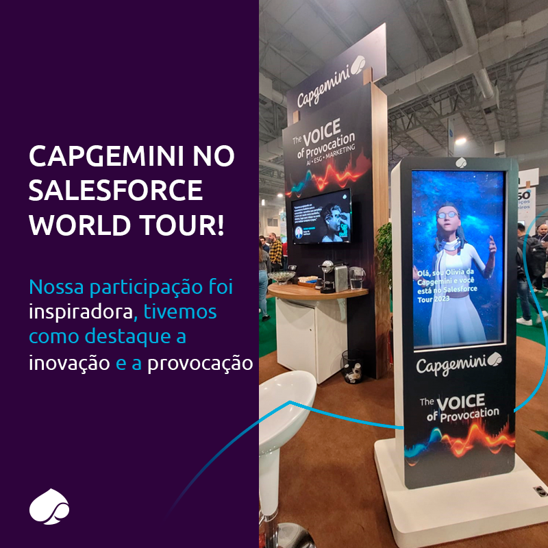 capgeminiBR's tweet photo. Estamos orgulhosos da nossa participação no Salesforce World Tour que aconteceu na última semana em São Paulo. Foi um evento inspirador, em que a inovação e a provocação foram o centro das atenções. Temas relevantes como o uso da Inteligência Artificial no dia a dia da jornada do cliente, EinsteinGPT trazendo muito foco em otimização de processos de atendimento digital, em redução de custos e melhoria no #CustomerMagic!

Uma visão totalmente alinhada com nossa proposta de valor ao mercado, onde nossos visitantes embarcaram em uma jornada de descobertas sobre a transformação dos negócios através da Inteligência Artificial, ESG e Marketing.

Apresentamos em primeira mão a nova integrante do time Capgemini – a Olivia. Nossa avatar integrado com Inteligência Artificial surpreendeu a todos, abordando os visitantes e apresentando as principais soluções desenvolvidas entre Capgemini e Salesforce. Foi uma experiência incrível ter Olivia conosco, demonstrando o verdadeiro potencial da tecnologia!

Obrigado a todos que nos acompanharam neste evento. Ficamos ansiosos para vê-los novamente em nossas próximas aventuras!

Por último, mas não menos importante, convidamos vocês para conhecer mais sobre a parceria entre a Capgemini e a Salesforce: https://t.co/zbPIAytQvh

#IssoéCapgemini #SalesforceWorldTour #AI #ESG #Marketing #IssoéInovação