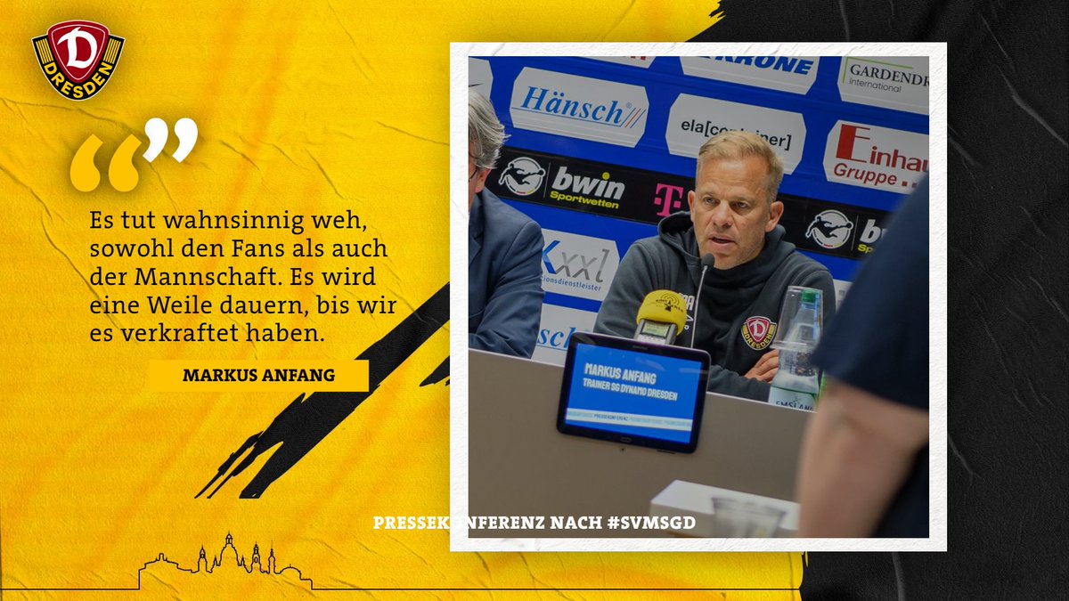 DynamoDresden's tweet image. Markus #Anfang: „Für uns ist das heute ein sehr bitterer Abend. Der Platzverweis &amp;amp; der Ausgleich waren die Knackpunkte. Es tut wahnsinnig weh, sowohl den Fans als auch der Mannschaft. Es wird eine Weile dauern, bis wir es verkraftet haben.“ #SVMSGD #sgd1953