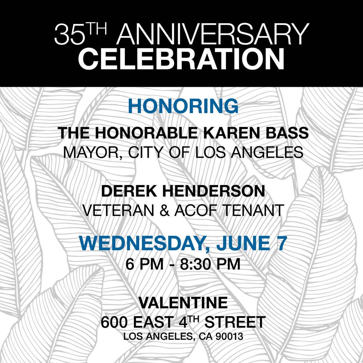 ACOF (@acoforg) on Twitter photo Join us on June 7th for our 35th Anniversary Celebration honoring <a href="/MayorOfLA/">Mayor Karen Bass</a> Karen Bass and Veteran & ACOF Tenant Derek Henderson!
To purchase tickets please visit: tinyurl.com/ACOF35th Join us on June 7th for our 35th Anniversary Celebration honoring <a href="/MayorOfLA/">Mayor Karen Bass</a> Karen Bass and Veteran & ACOF Tenant Derek Henderson!
To purchase tickets please visit: tinyurl.com/ACOF35th