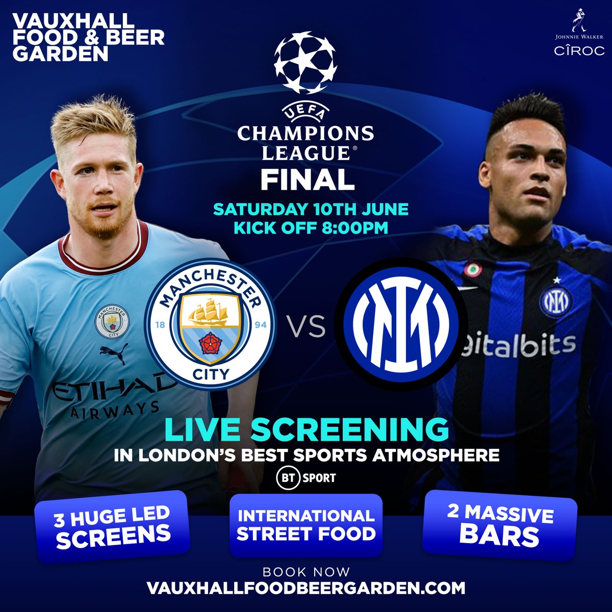 "🏆 Excitement awaits as ManCity and Inter Milan clash in the epic UEFA Champions League final! ⚽ Join us for an unforgettable experience with massive LED screens, mouthwatering street food, refreshing drinks, and non-stop football action.
🎉 #UCLFinal #ManCityvsInter