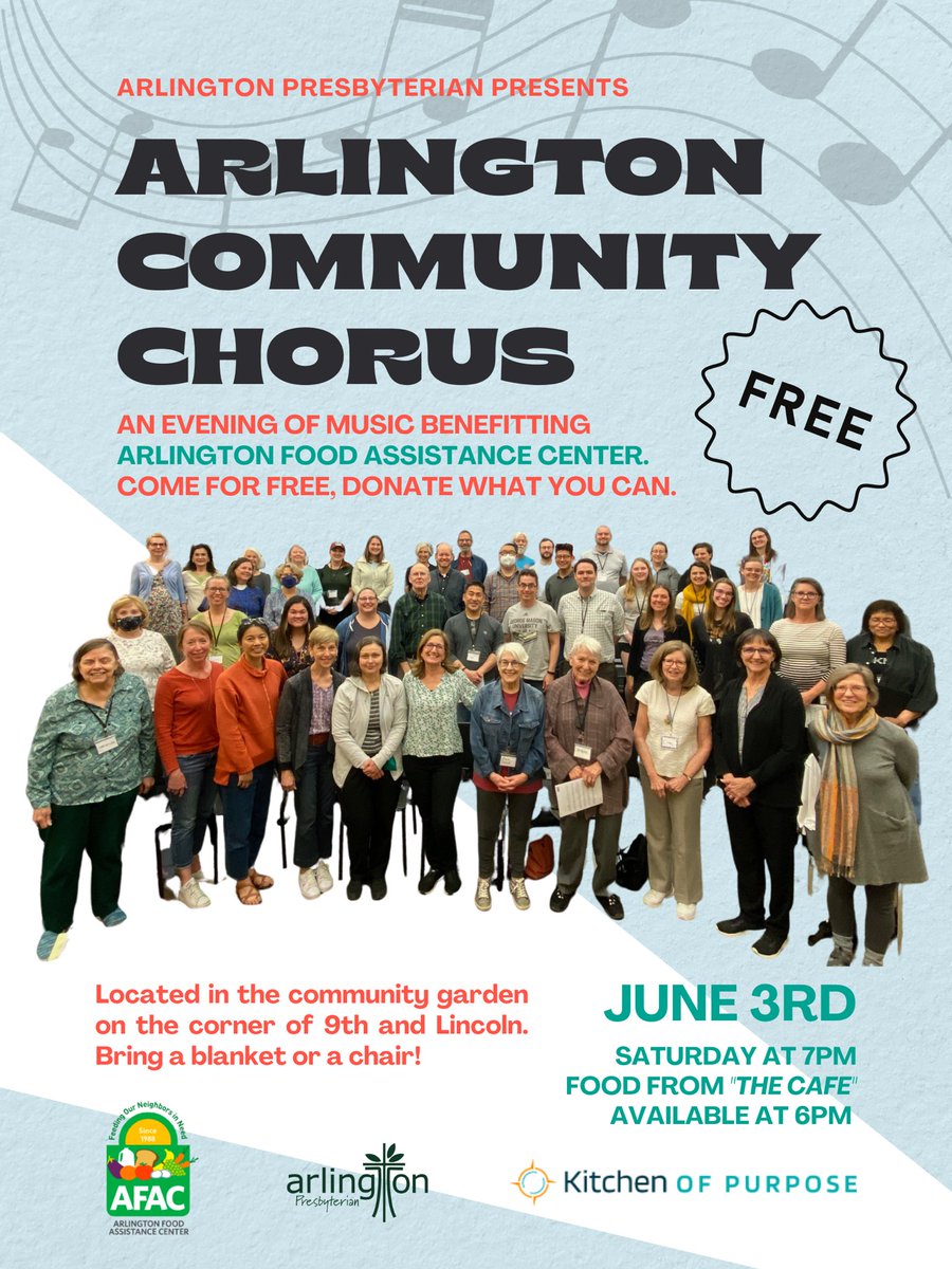 Saturday, June 3rd! The garden concert vibes are back ✨ 🌱 

Food @thecafebykitchenofpurpose available at 6pm

Music from Arlington Chorus at 7pm

Supporting our friends at @afacfeeds all evening long!

See you in the garden on the corner of 9th and Lincoln. 🎶