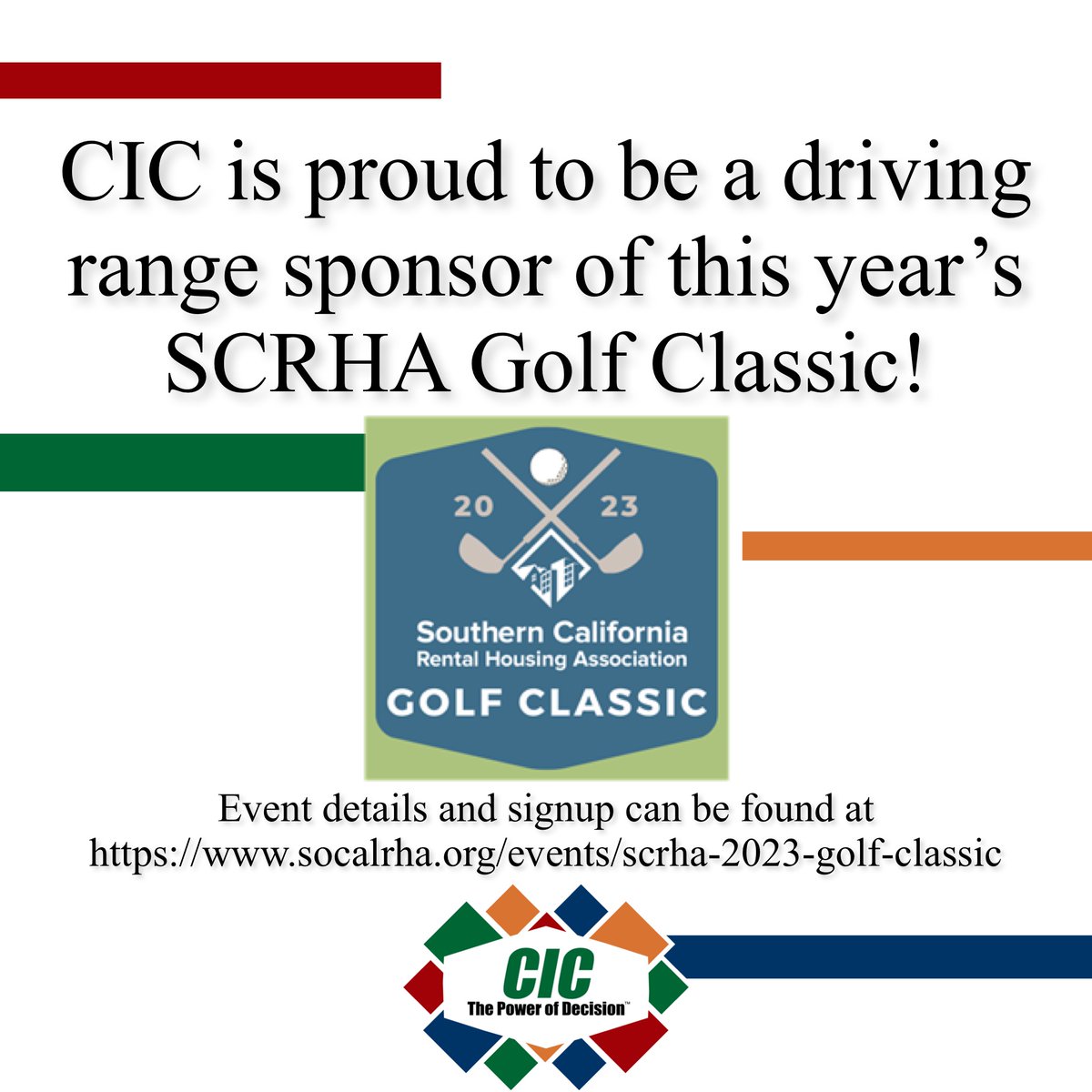 CIC is proud to be a driving range sponsor of this year’s Southern California Rental Housing Association Golf Classic! Event details and signup can be found at
bit.ly/3Mu00W7