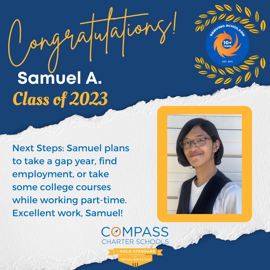 #RT @CompassCs: Help us honor Samuel! He plans to take a gap year, find employment, or take some college courses while working part-time. Thank you for being an integral part of our #CompassFamily Samuel!

#CompassExperience #Classof2023 #NextChapterRead…