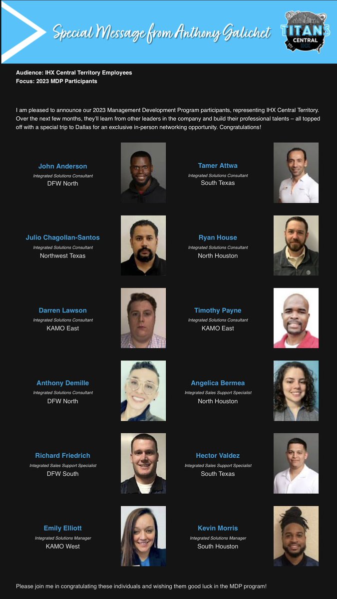 So excited to announce Central Territories 2023 MDP Participants! Please join me in congratulating them! @MattBoone85 @Kaayadam <a href="/momunoz915/">Monica Munoz</a> @ShantellEady03 <a href="/DrewHankins_/">Drew Hankins</a> <a href="/NorthHoustonIHX/">Space City IHX</a> <a href="/CharleneLuna13/">Charlene M Luna</a> <a href="/rachmulhauser/">Rachael Mulhauser</a>