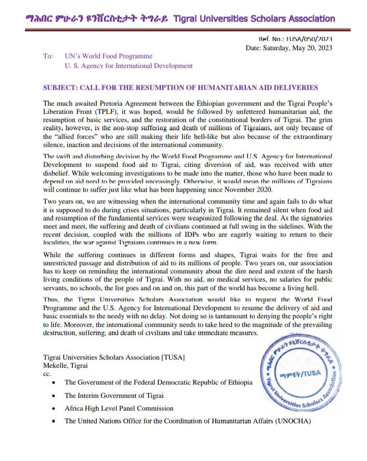 1/5 'Tigray universities scholars Association calls for the resumption of humanitarian aid deliveries' on @dimtsiweyane So dear @USAID @PowerUSAID @WFPChief @WFP @WFP_Africa @eu_echo @UN_HRC @SecBlinken ⚠️Act to #FreeAllTigray ⚠️Address #Aid4Tigray ⚠️Seek #Justice4Tigray