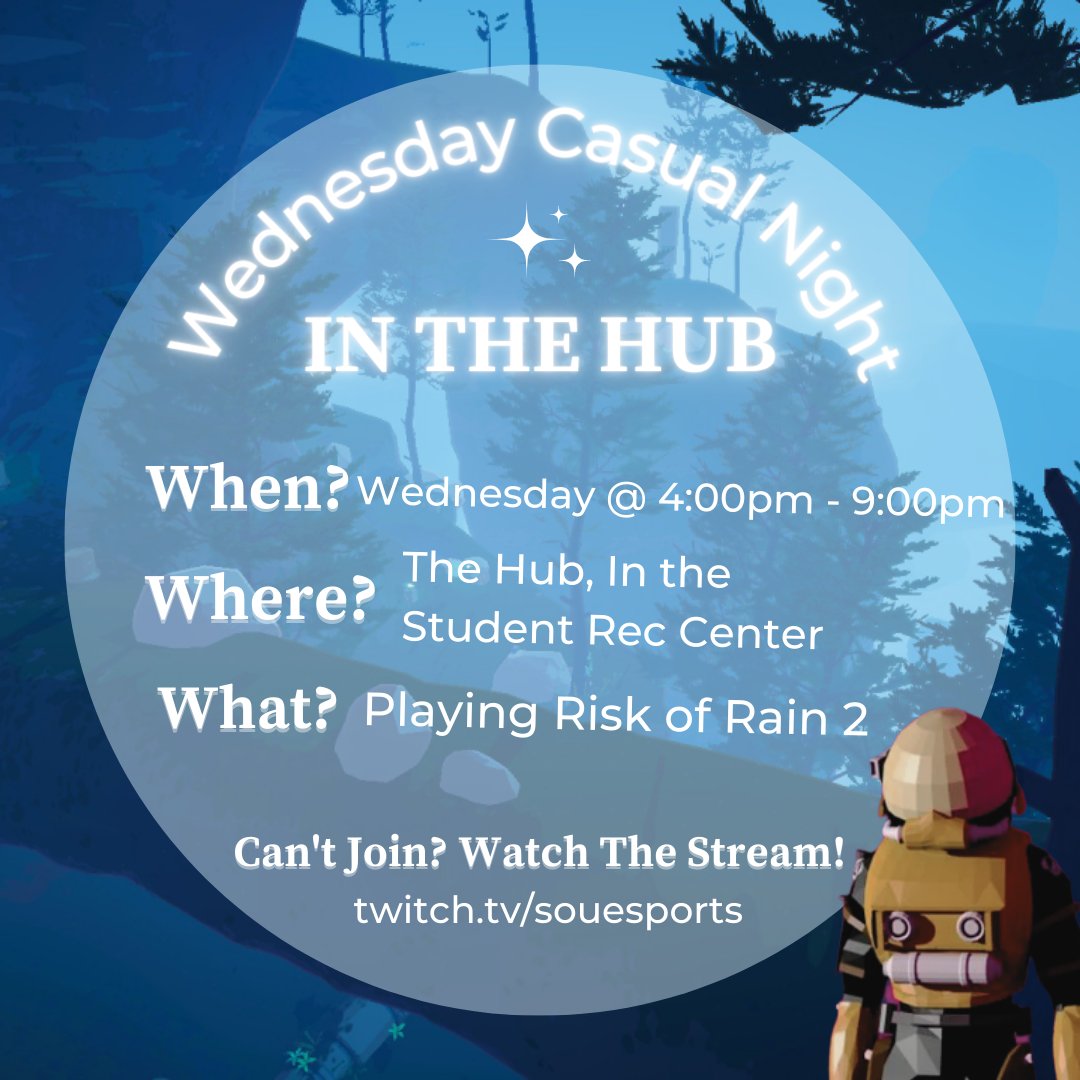 Join us in The Hub this Wednesday for our Casual Night playing #riskofrain2! If you can't join in person, watch the #stream at twitch.tv/esports. 🎮 

#eSports #raidergamer #casualnight #casualnightgaming