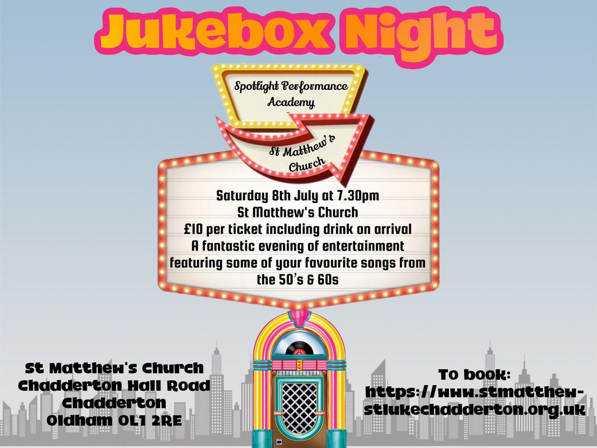Our Jukebox Night is taking place on 8th July, 7:30pm! Don’t miss out on this fantastic event to hear all of your 50s & 60s classics with a drink (or two!) from our licensed bar. 

Tickets available now by following the link: forms.churchdesk.com/f/x0PsU4hd-k

#LetsRocknRoll #OldhamHour