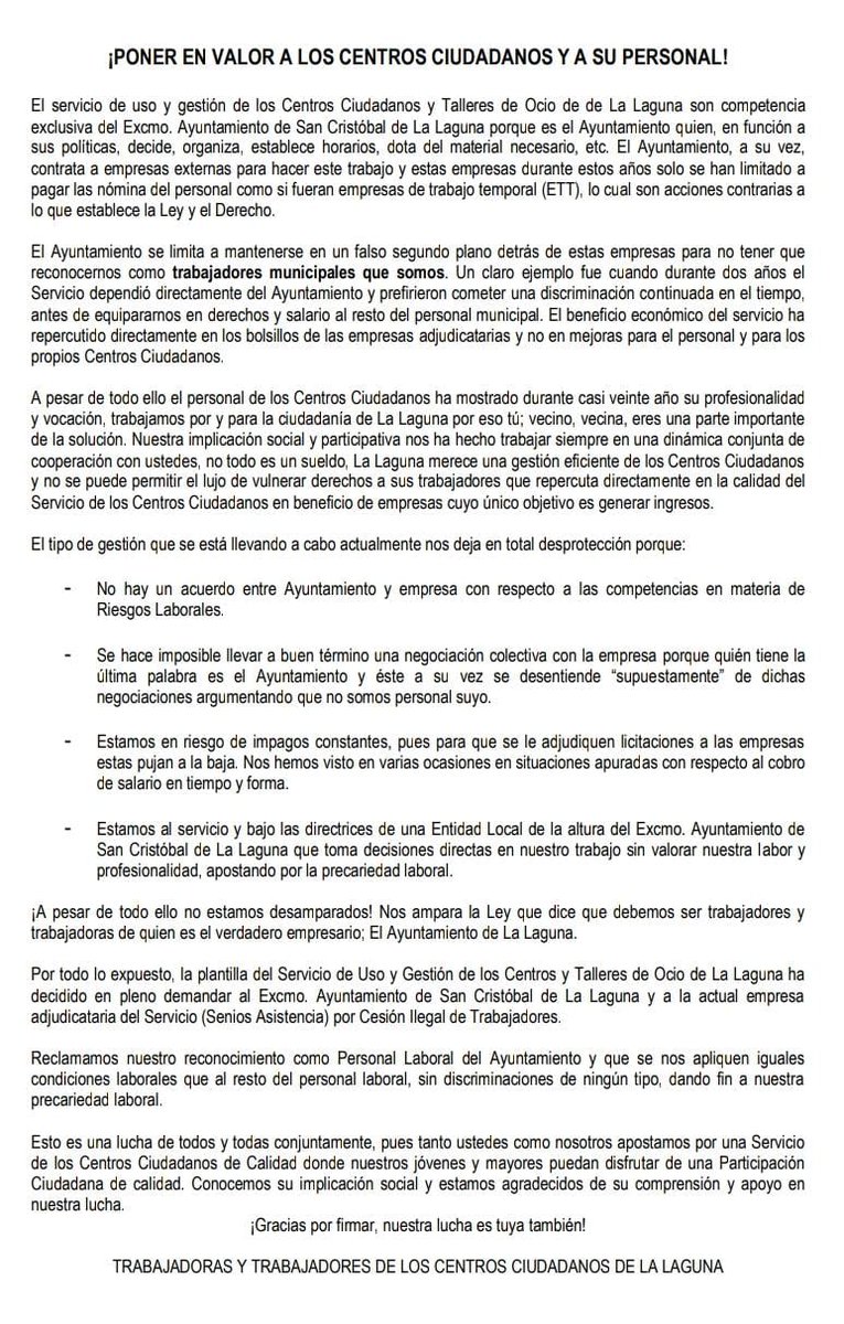 El personal de los Centro Ciudadanos hemos iniciado una recogida de firmas, te necesitamos. 
Pasa por Centro Ciudadano más cercano para apoyar esta causa.
Por cierto señor alcalde, no nos bloquee, que esto a usted le interesa. ¿O no?