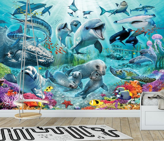 Underwater World Peel and Stick Kids Room Wallpaper etsy.me/3wMmNUM #underwaterworld #underwaterlife #kidsroomwallpaper @etsymktgtool