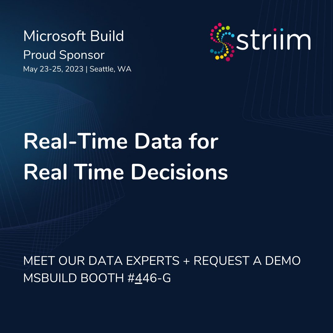 Team Striim is in Seattle for #MSBuild (May 23-25th).Stop by our booth #446-G to align with one of our data experts, or visit our virtual booth: 
See you there!
#MicrosoftBuild #Striim #MySQL #DataAnalytics #DataStreaming