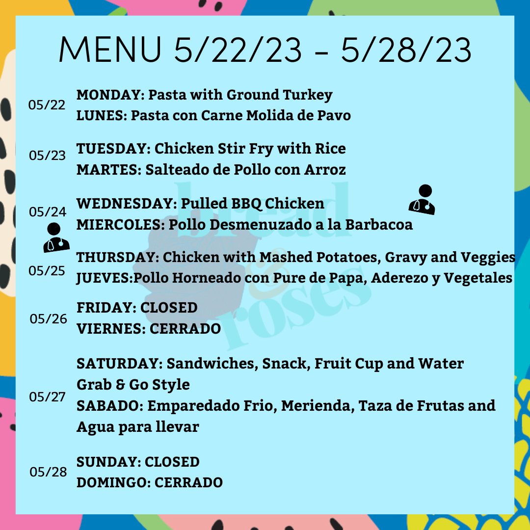 Check out what's on the menu this week. Don't forget: on Wednesday at 5:30 PM, the Greater Lawrence Family Health Center's Mobile Unit will be here!

Hecha un vistazo a lo que hay en el menú de esta semana. ¡El miércoles a las 5:30PM, la Unidad Móvil GLFHC estará aquí!